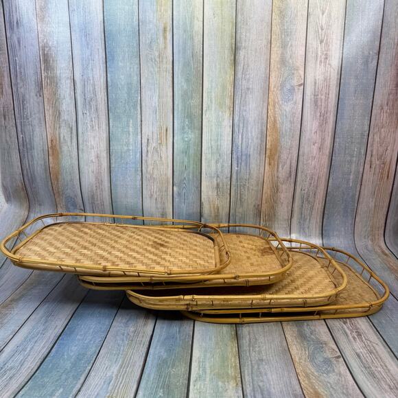 MCM Wicker Rattan Bamboo Serving Tray Set of 4 Tiki Tropical Beach Lap Vintage - Picture 2 of 8
